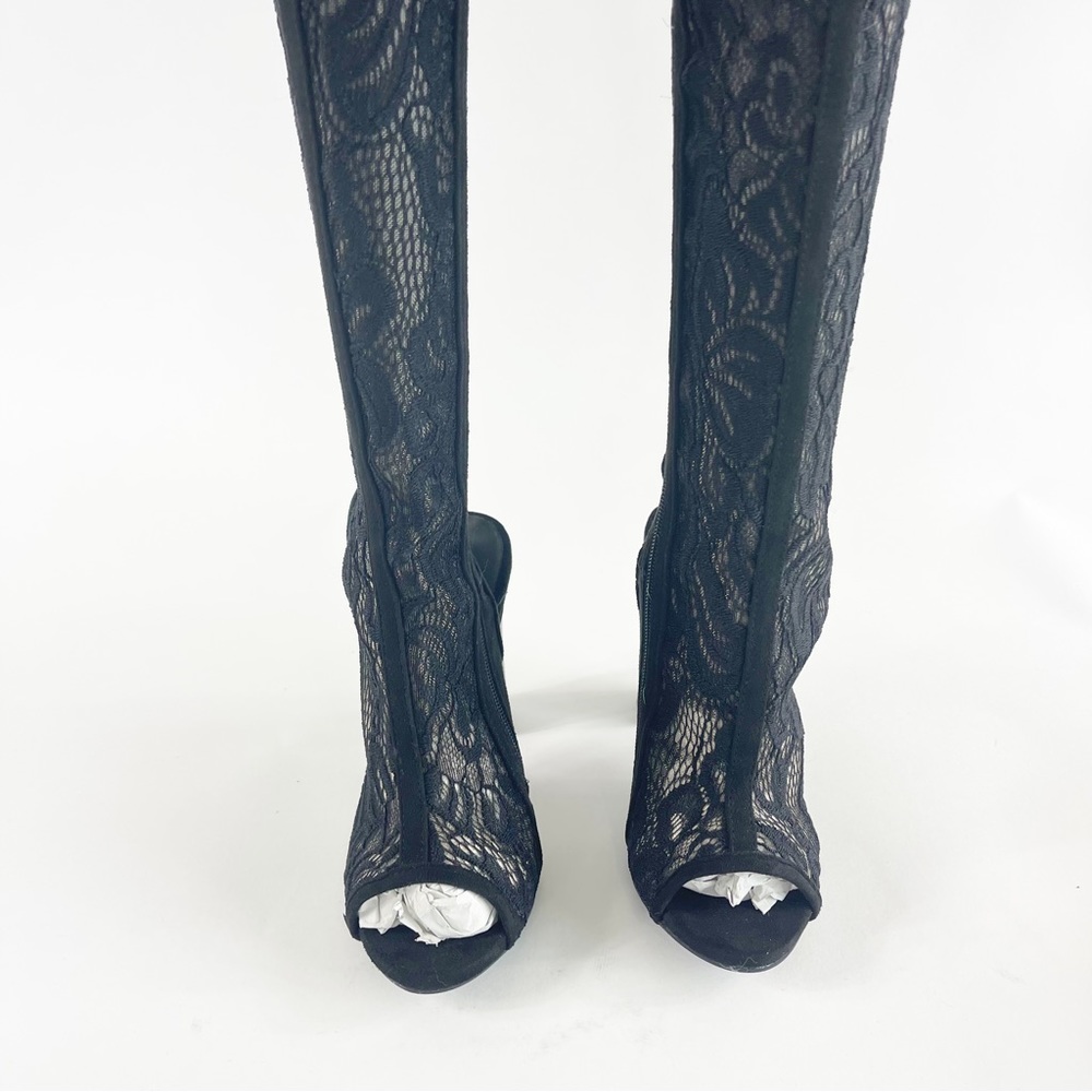 #429 New BAMBOO Spotlight Black Lace Thigh High Peep Toe Heels size 10 - Picture 4 of 14